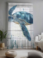 Sheer Curtains 108 Inches Long, Teal Green Ocean Turtle Semi Sheer Curtains Light Filtering Window Treatment, Coastal Seaweed Wood Grain Privacy Voile Drapes for Living Room Bedroom 52x108 Inch