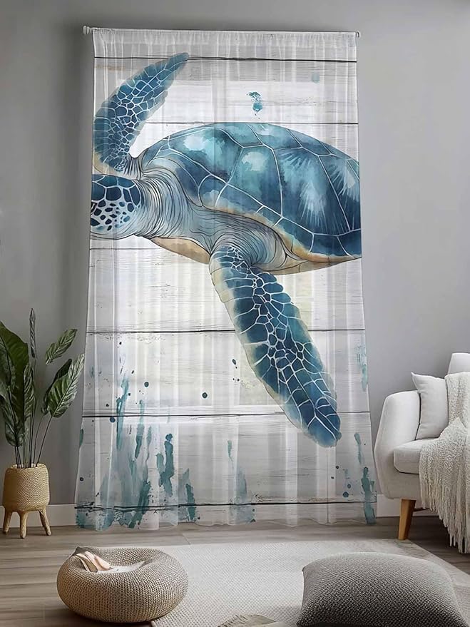 Sheer Curtains 84 Inches Long, Teal Green Ocean Turtle Semi Sheer Curtains Light Filtering Window Treatment, Coastal Seaweed Wood Grain Privacy Voile Drapes for Living Room Bedroom 52x84 Inch