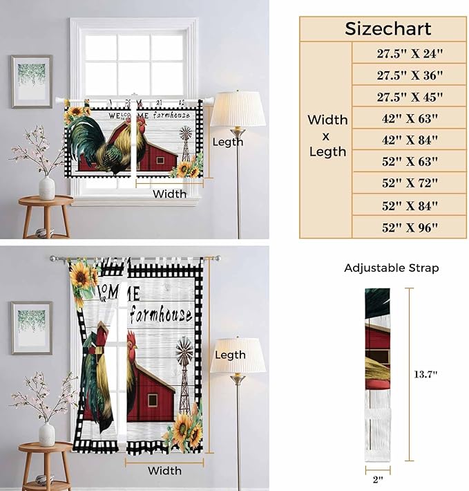 Farmhouse Rooster Kitchen Curtains 36 Inch Length, Small Window Curtains Tab Top, Rustic Red Barn Windmill Sunflowers Light Filtering Short Window Treatments Tier Drapes 27.5"x36" 2 Panel