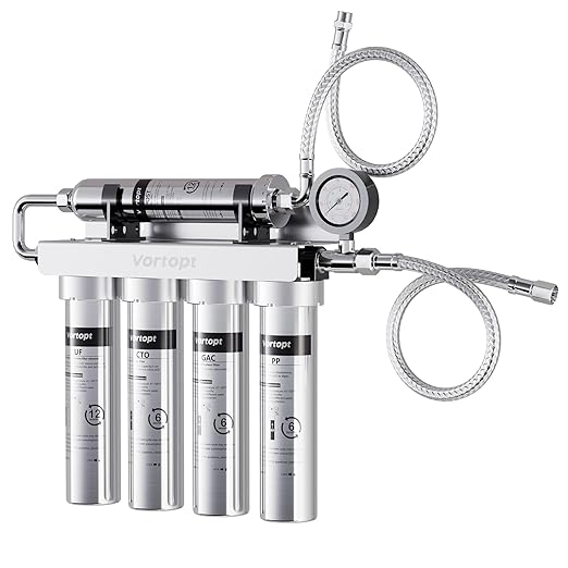 Vortopt Under Sink Water Filtration System,NSF Certified to Standards, Stainless Steel Water Filter,0.01μm Fine Filtration,Retains Beneficial Minerals,with Pressure Gauge,U2 (5 Filters)
