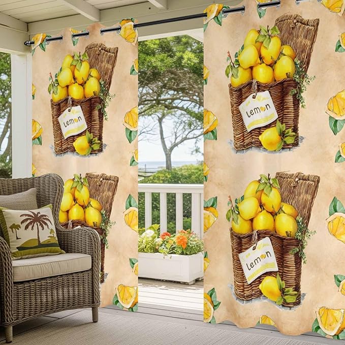 Lemon Outdoor Curtains for Patio Lemons in Baskets Summer Tropical Plant Brown Waterproof Outside Curtains with Grommet Top Weatherproof Curtain for Cabana Pergola Gazebo, 2 Pack, 54" W x 108" L