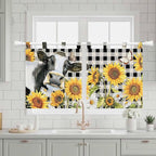 Retro Sunflowers Kitchen Curtains 36 Inch Length, Small Window Curtains Tab Top, Farmhouse Floral Cow Butterfly Black Plaid Light Filtering Short Window Treatments Tier Drapes 27.5"x36" 2 Panel