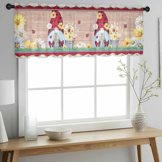 Ladybug Gnome Sheer Valance Curtains, Country Summer Rustic White Yellow Daisy Floral Wood Grain Light Filtering Kitchen Valances Rod Pocket Voile Curtain for Bedroom/Living Room/Basement 42Wx18L