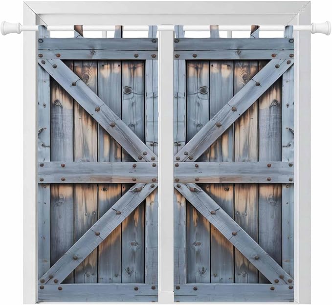 Farmhouse Wood Grain Bathroom Curtains 63 Inch Length, Window Curtains Tab Top, Vintage Country Barn Gate Textured Light Filtering Window Treatments Drapes 52"x63" 2 Panel