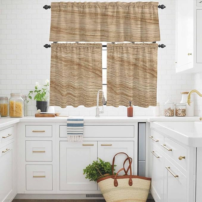 Kitchen Curtains Tiers and Valance Set of 3, Country Farmhouse Light Filtering Window Curtain Set, Vintage Brown Wooden Grain Rod Pocket Curtain Drapes for Cafe, Living Room, 36 Inches Tiers