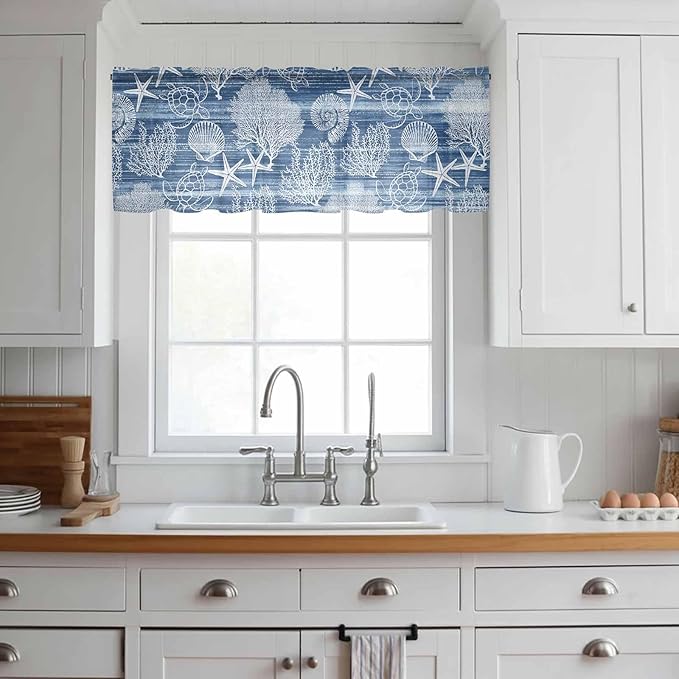 Navy Blue Retro Summer Sheer Valance Curtains, Sea Turtle Starfish Coral Ocean Light Filtering Kitchen Valances Rod Pocket Voile Curtain Window Treatment for Bedroom/Living Room/Basement 42Wx18L