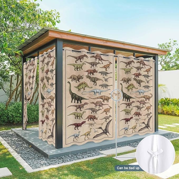 Vintage Outdoor Curtains for Patio Dinosaurs Biographies Retro Waterproof Outside Curtains with Grommet Top Weatherproof Curtain for Cabana Pergola Gazebo, 2 Pack, 54" W x 95" L