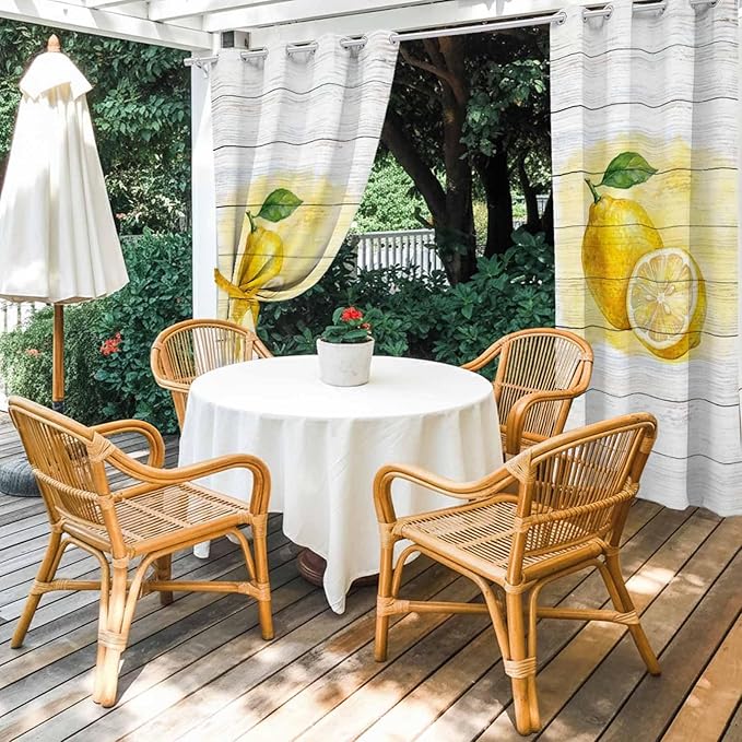 Lemons Yellow Summer Fruit Vintage Wood Outdoor Curtains for Patio Waterproof Outside Curtains with Grommet Top Weatherproof Curtain for Cabana Pergola Gazebo, 2 Pack, 54" W x 95" L