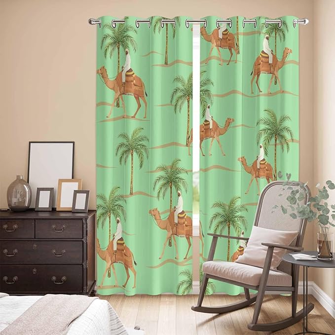 2 Panel Kitchen Cafe Curtains, Desert Camels Sunlight Filtering Nature Air Through, Home Decor Window Covering Tier Curtains for Living Room 104W x 96L inch Tropical Date Palm Trees Animal Green