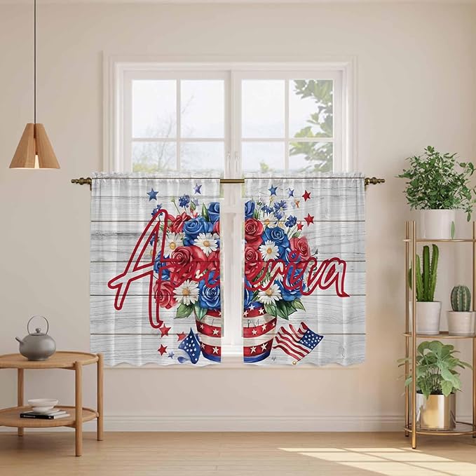 Independence Day Kitchen Curtains 45 Inch Long 2 Panel Set, Rod Pocket Window Treatment, 4 of July Rose Wooden Grain Vintage Light Filtering Panels Short Drapes for Bathroom Camper 42"W x 45"L