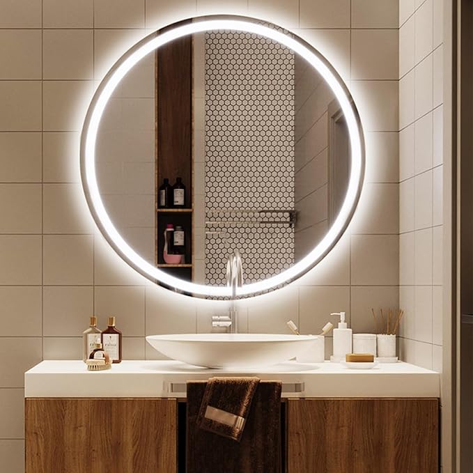 Bathroom Mirror with LED Lights, Wall Mounted Round Mirror, Mirror for Wall with Touch, 3 Colour and Demister Pad, IP44 Dimmable Bathroom Vanity Mirror(A,23.6"/60cm)