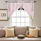 Swag Valance Curtains, Easter Cute Rabbit and Colorful Eggs Rod Pocket Valances Swag Topper for Kitchen Windows, Pink Farm Wooden Barn Light Filtering Short Curtain for Bedroom Bathroom 56x36In