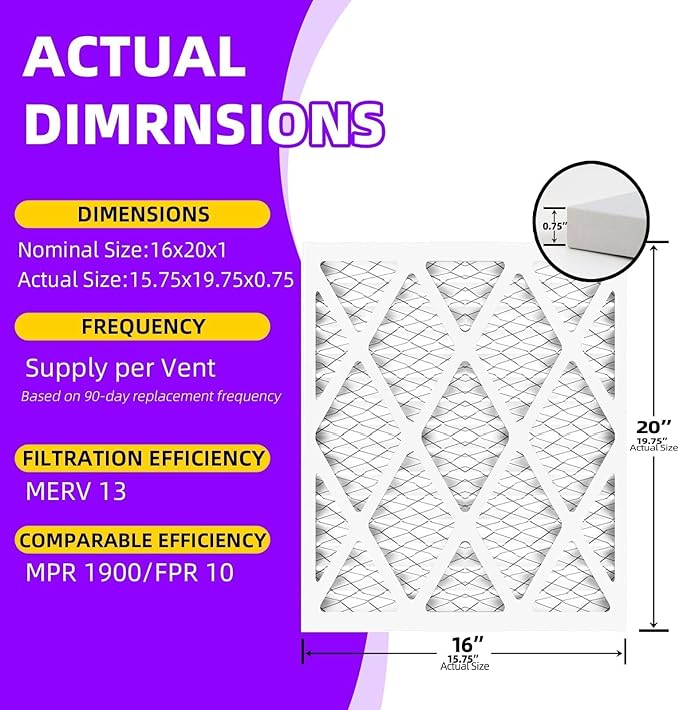 16x20x1 MERV 13 (6-Pack) Pleated Air Filter (Actual Size: 15.75x19.75x0.75") MPR 1900 & FPR 10, Furnace Air Filters,16x20x1 air filter
