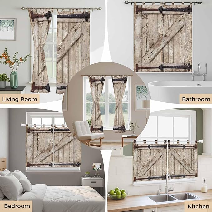 Farmhouse Wood Grain Bedroom Curtains 72 Inch Length, Window Curtains Tab Top, Vintage Country Barn Gate Brown Light Filtering Window Treatments Drapes 52"x72" 2 Panel