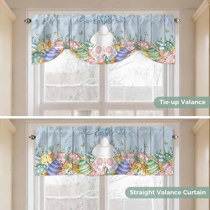 Spring Easter Tie Up Valance Curtains for Windows, Kitchen Curtains Window Shades, Rabbit Ears Foot Colorful Eggs Wooden Plank Light Filtering Roman Curtain Valances for Bedroom/Bathroom/Cafe 60"x18"
