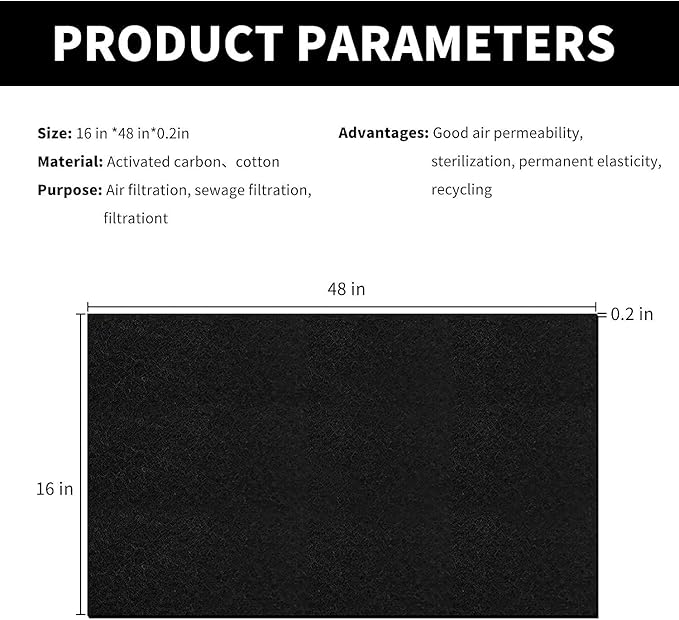 Cut-to-Fit Activated Carbon Filter Sheet Charcoal Air Vent Filters Pad Black Range Hood AC Replacement Fabric Filter 2 Pack 16" x 48" x 0.125"