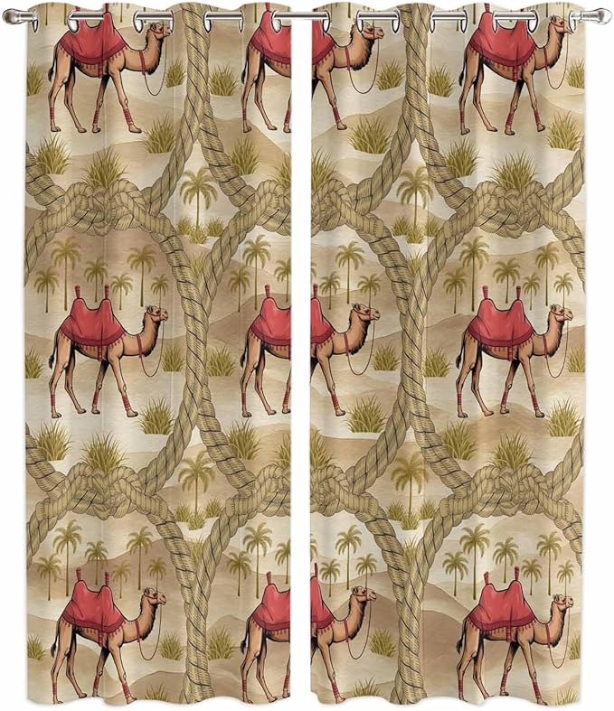 2 Panel Kitchen Cafe Curtains, Desert Camels Sunlight Filtering Nature Air Through, Home Decor Window Covering Tier Curtains for Living Room 104W x 96L inch Tropical Palm Trees Sand Cords Brown