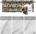 Dog Paws Valance Curtains for Kitchen, Teal Brown Wood Grain Privacy Rod Pocket Valance Curtain, Light-Filtering Window Treatment for Bedroom Bathroom, 42"x18"