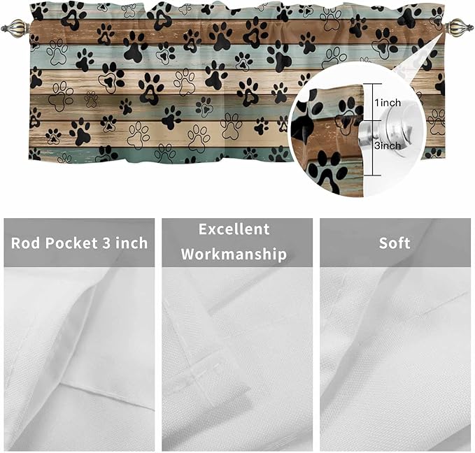 Dog Paws Valance Curtains for Kitchen, Teal Brown Wood Grain Privacy Rod Pocket Valance Curtain, Light-Filtering Window Treatment for Bedroom Bathroom, 60"x14"