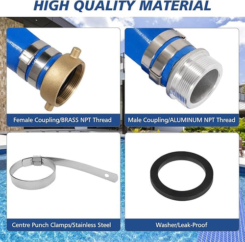 1.5" x 100 ft Backwash Hose for Swimming Pools, Heavy Duty PVC Lay Flat Water Discharge Hose,Durable Pool Drain Hose with Aluminum Pin Lug Fittings for Pump And Filters