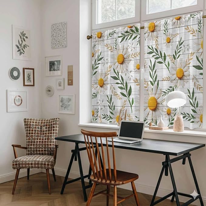 Spring Daisy Kitchen Curtains, Farmhouse Country Flower Leaf Plant Wood Grain Light Filtering Window Curtain Panels, 2Pcs Rod Pocket Window Treatments Set for RV Dining Room Study Room 42x54 Inches