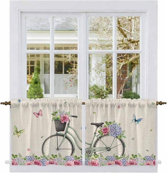 Farmhouse Spring Tier Curtains, Retro Bicycles Flowers Vines Butterfly Light Filtering Kitchen Curtains, 2Pcs Rod Pocket Half Window Treatments Panels for Sink Cafe Cabinet Camper 27.5x36 Inches