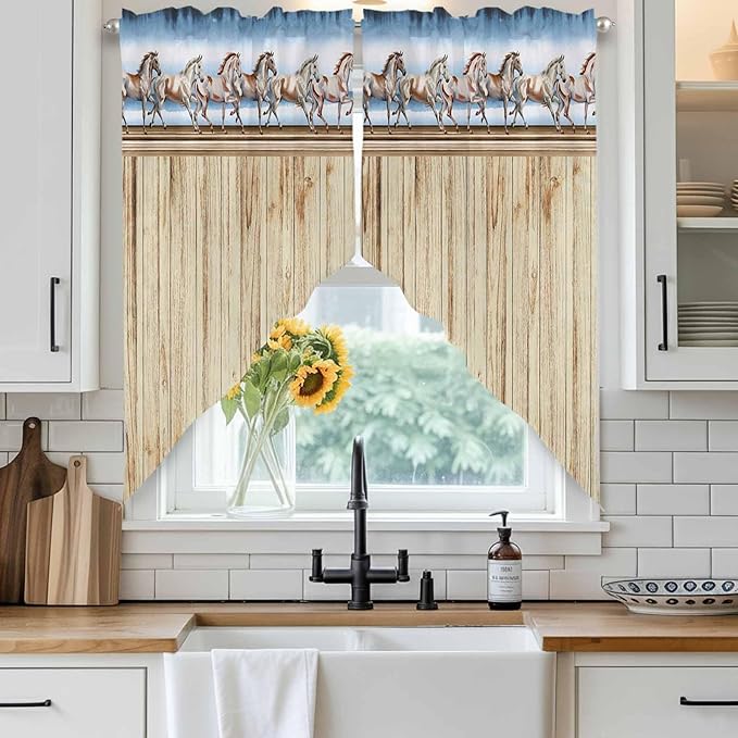 Western Horse Swag Valances for Windows, Farmhouse Wooden Grain Vintage Cowboy Barn Door Rod Pocket Kitchen Curtains Valance, Kitchen Window Curtains Swag for Cafe Living Room, 2 Panels, 36x63 inch