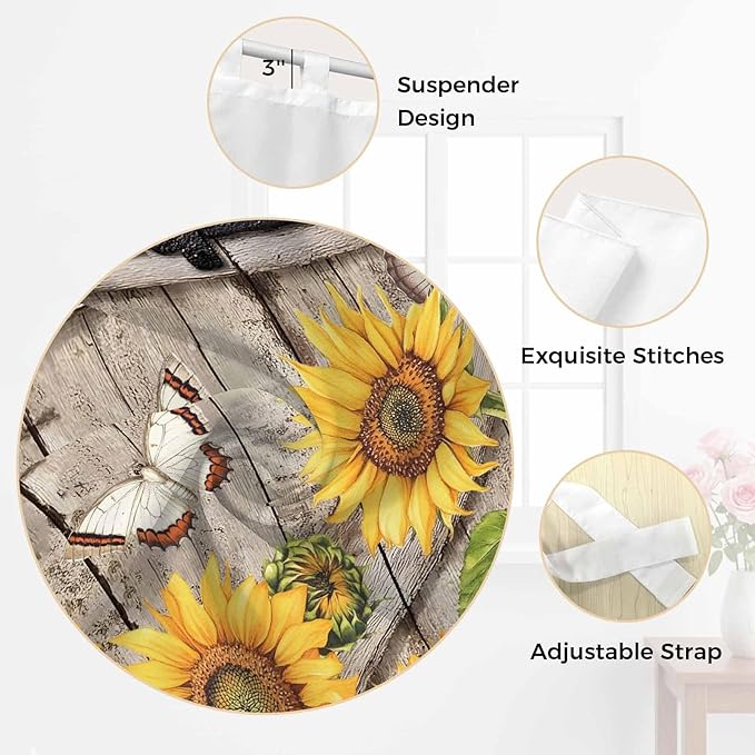 Farmhouse Sunflowers Living Room Curtains 84 Inch Length, Window Curtains Tab Top, Rustic Barn Doors Flowers Butterfly Wooden Light Filtering Window Treatments Drapes 42"x84" 2 Panel