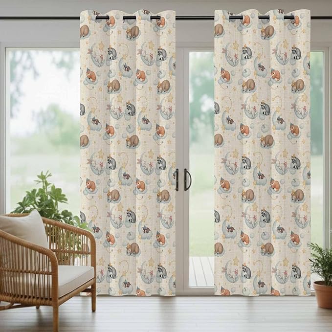 Cartoon Animals Outdoor Curtains for Patio Raccoons Rabbits Moon Linen Texture Waterproof Outside Curtains with Grommet Top Weatherproof Curtain for Cabana Pergola Gazebo, 1 Panel, 54" W x 84" L