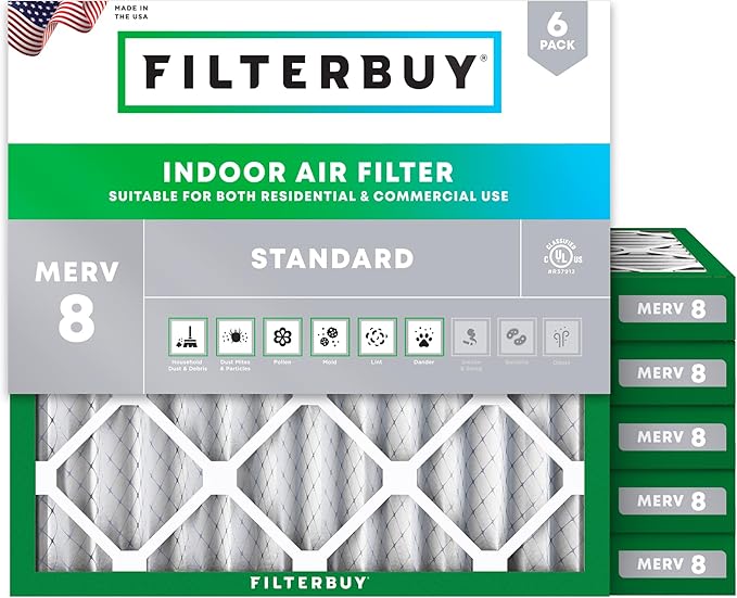 Filterbuy 18x18x2 Air Filter MERV 8 Essential Dust & Allergy Defense (6-Pack), Electrostatic Pleated HVAC AC Furnace Filters Replacement, Made in USA (Actual Size: 17.75 x 17.75 x 1.75)