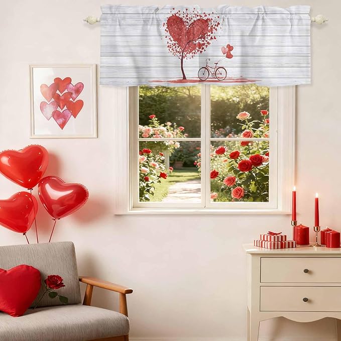 Valentine's Day Valance Curtains for Kitchen, Red Love Trees Bicycles Balloons Wood Grain Privacy Rod Pocket Valance Curtain, Light-Filtering Window Treatment for Bedroom Bathroom, 42"x12"