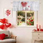 Valentine's Day Valance Curtains for Kitchen, Red Love Trees Bicycles Balloons Wood Grain Privacy Rod Pocket Valance Curtain, Light-Filtering Window Treatment for Bedroom Bathroom, 60"x14"