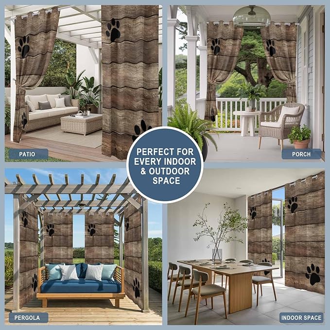Wood Grain Outdoor Curtains for Patio Claws Animals Wooden Brown Vintage Waterproof Outside Curtains with Grommet Top Weatherproof Curtain for Cabana Pergola Gazebo, 1 Panel, 54" W x 95" L