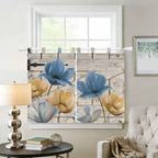 Blue Yellow Tulips Bedroom Curtains 63 Inch Length, Window Curtains Tab Top, Retro Farmhouse Flower Barn Doors Wooden Light Filtering Window Treatments Drapes 42"x63" 2 Panel