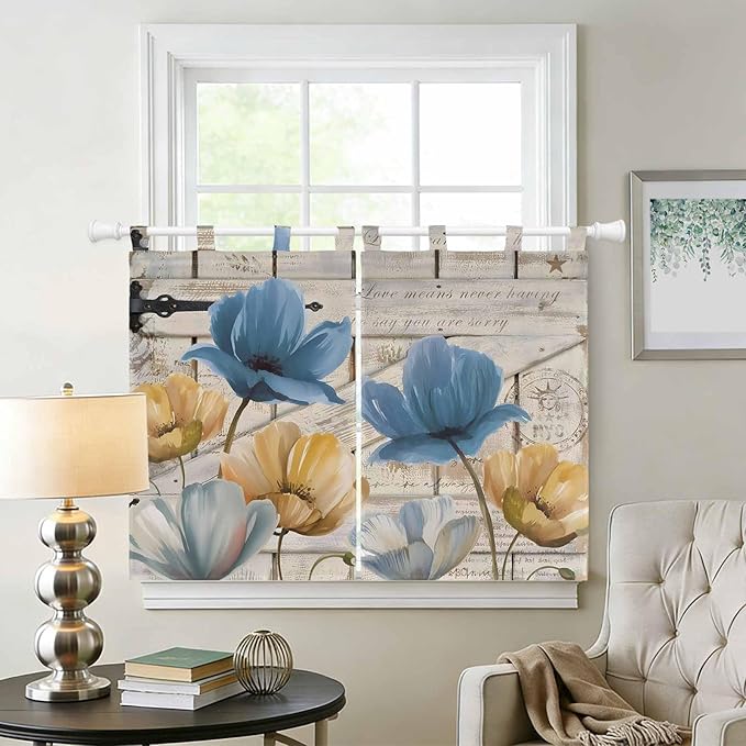 Blue Yellow Tulips Kitchen Curtains 45 Inch Length, Short Cafe Window Curtains Tab Top, Retro Farmhouse Flower Barn Doors Wooden Light Filtering Window Treatments Tier Drapes 27.5"x45" 2 Panel