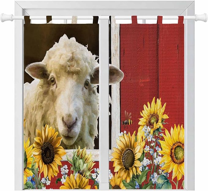 Sheep Flowers Bathroom Curtains 63 Inch Length, Window Curtains Tab Top, Country Red Barn Botanical Sunflowers Light Filtering Window Treatments Drapes 52"x63" 2 Panel