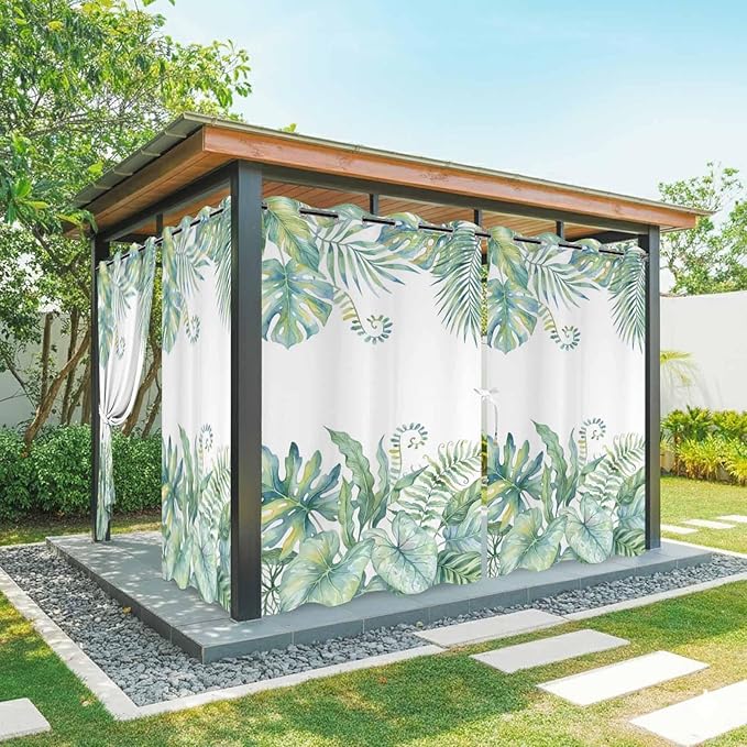 Leaves Outdoor Curtains for Patio Green Leaf Tropical Plants Farmhouse Pastoral Waterproof Outside Curtains with Grommet Top Weatherproof Curtain for Cabana Pergola Gazebo, 1 Panel, 54" W x 108" L