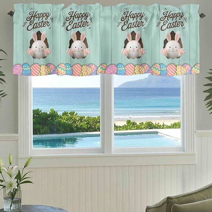 Green Easter Curtain Valances for Windows, Kitchen Valance Window Treatment, Spring Cartoon Bunny Colorful Eggs Wood Grain Light Filtering Block Curtains for Bathroom/Bedroom/Living Room 54'' x 18''