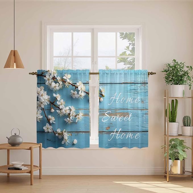 Farmhouse Wooden Grain Kitchen Curtains, Vintage Shabby Chic Flower Blue Light Filtering Window Curtain Panels, 2Pcs Rod Pocket Window Treatments Set for RV Dining Room Study Room 42x54 Inches