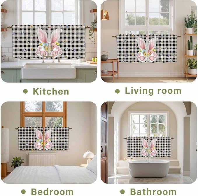 Easter Kitchen Tier Curtains 36 Inch Long 2 Panel Set,Rod Pocket Half Window Curtains Over Sink,Spring Rabbits Ears Feet Wildflowers Black Plaid Light Filtering Short Drapes Cafe 27.5"W x 36"L