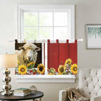 Sheep Flowers Kitchen Curtains 36 Inch Length, Small Window Curtains Tab Top, Country Red Barn Botanical Sunflowers Light Filtering Short Window Treatments Tier Drapes 27.5"x36" 2 Panel