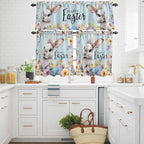 Happy Easter Kitchen Curtains Set 3 Piece for Windows,Rod Pocket Valance and Tier Set 36 Inch Length,Spring Grey Bunny Colorful Eggs Flower Blue Light Filtering Cafe Curtains for Living Room