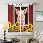 Pigs Sunflowers Bedroom Curtains 72 Inch Length, Window Curtains Tab Top, Farmhouse Red Barn Flowers Animals Light Filtering Window Treatments Drapes 52"x72" 2 Panel