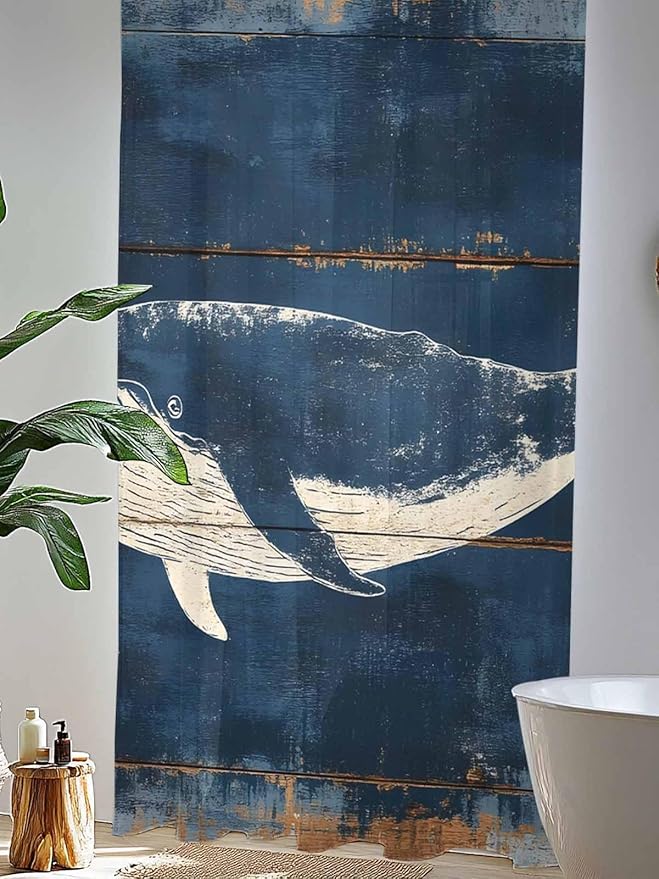 Sheer Curtains 84 Inches Long, Summer Whale Blue Semi Sheer Curtains Light Filtering Window Treatment, Coastal Ocean Vintage Wooden Grain Privacy Voile Drapes for Living Room Bedroom 52x84 Inch