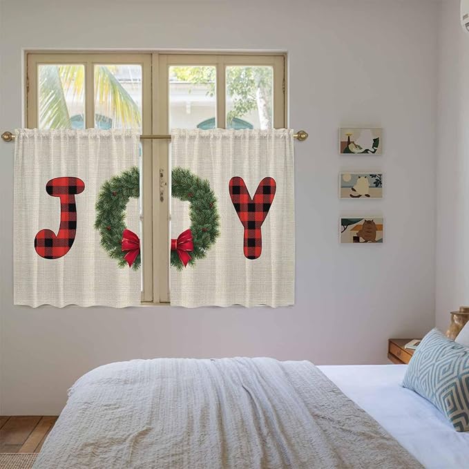 Red Green Christmas Kitchen Curtains 45 Inch Long 2 Panel Set, Rod Pocket Window Treatment, Farmhouse Xmas Botanical Winter Light Filtering Panels Short Drapes for Bathroom Camper 42"W x 45"L