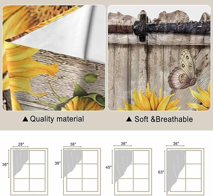 Farmhouse Sunflowers Swag Valances for Windows, Rustic Barn Doors Flowers Butterfly Wooden Rod Pocket Kitchen Curtains Valance, Kitchen Window Curtains Swag for Cafe Living Room, 2 Panels, 36x45 inch