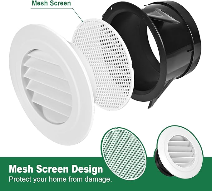 Soffit Vents 4 Inch, Round Exhaust Air Vent Cover with Built-in Fly Screen for Bathroom Kithchen Office Home, White 2P 100mm
