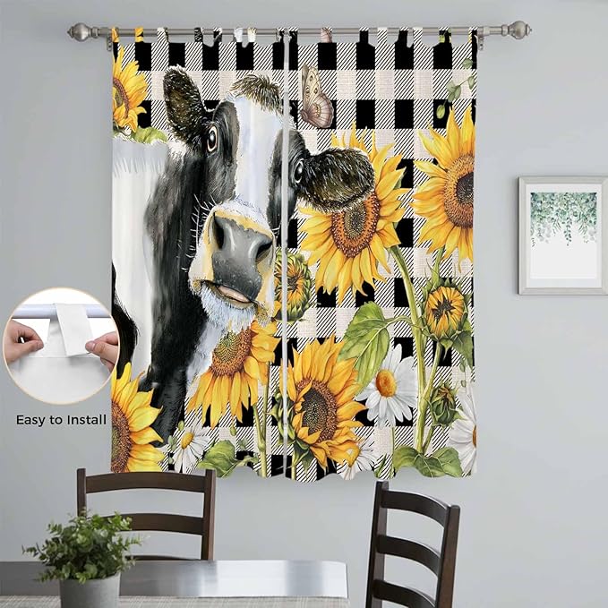 Retro Sunflowers Living Room Curtains 96 Inch Length, Window Curtains Tab Top, Farmhouse Floral Cow Butterfly Black Plaid Light Filtering Window Treatments Drapes 52"x96" 2 Panel