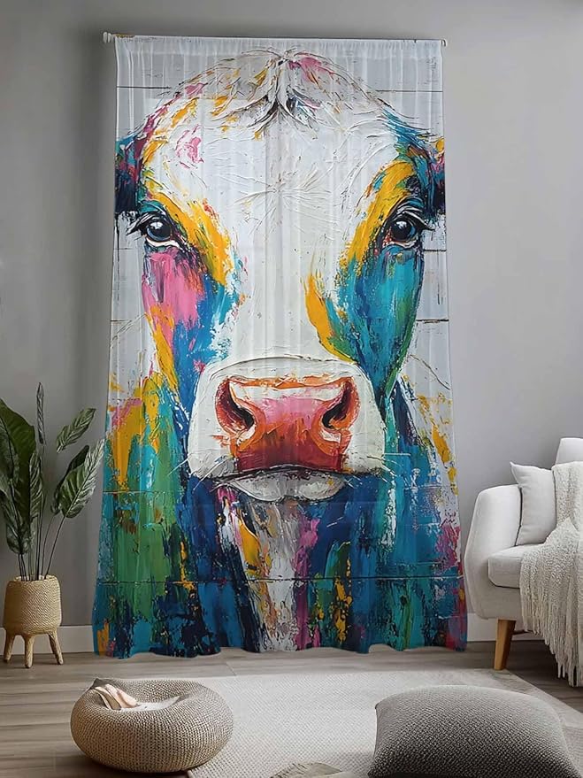 Sheer Curtains 84 Inches Long, Farmhouse Oil Painting Semi Sheer Curtains Light Filtering Window Treatment, Colorful Cow Animal Wooden Grain Privacy Voile Drapes for Living Room Bedroom 52x84 Inch