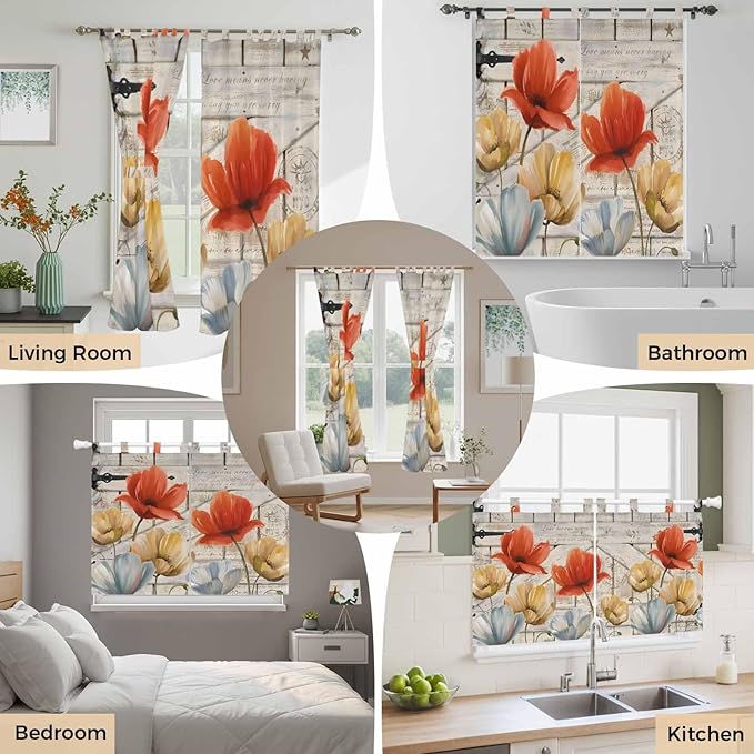 Retro Floral Living Room Curtains 96 Inch Length, Window Curtains Tab Top, Red Yellow Tulips Barm Doors Farmhouse Wooden Light Filtering Window Treatments Drapes 52"x96" 2 Panel